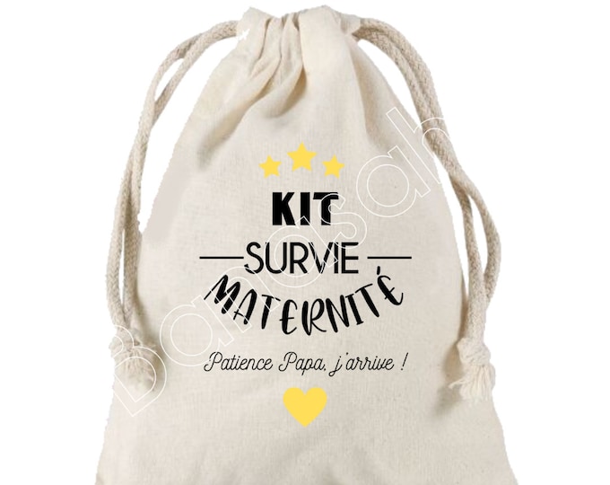 Large Pouch with sliding links "Survival Kit for maternity" 100% cotton! Future Dad, Future Mom, Baby Shower, birth gift