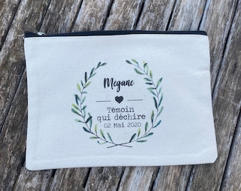 Personalized cotton zipped pouch for witness gift with first name, date of your choice! handmade wedding EVJF wedding witness