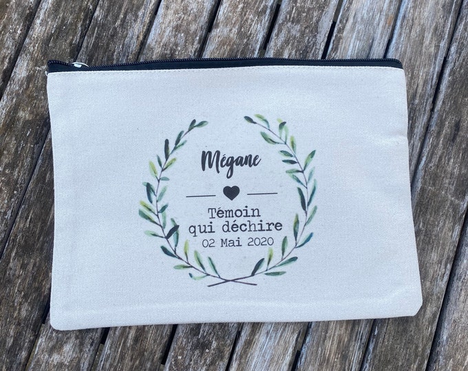 Personalized cotton zipped pouch for witness gift with first name, date of your choice! handmade wedding EVJF wedding witness