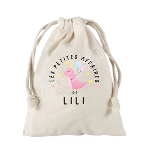 Grande Pochette à liens coulissants personnalisée au prénom de  votre choix 100 % coton motif dinosaure
