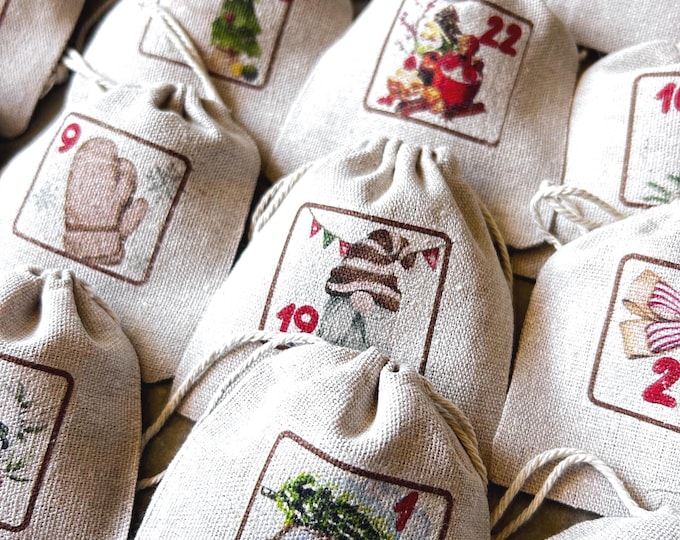 Advent calendar and/or its storage pouch! 24 timeless, traditional & magical countdown pouches for Christmas, December.