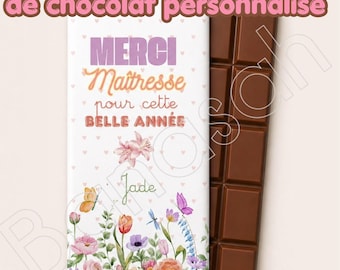 Emballage autocollant personnalisé à appliquer sur tablette chocolat  maîtresse maître ATSEM AESH nounou, cadeau fin d’année scolaire
