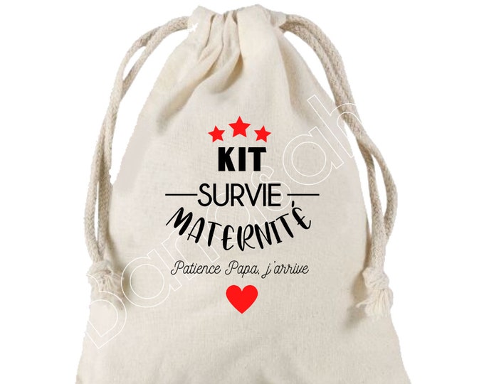 Large Pouch with sliding links "Survival Kit for maternity" 100% cotton! Future Dad, Future Mom, Baby Shower, birth gift