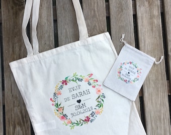 Pack Tote Bag + pochette en coton personnalisée pour enterrement de vie de jeune fille au prénom , date de votre choix ! EVJF temoin