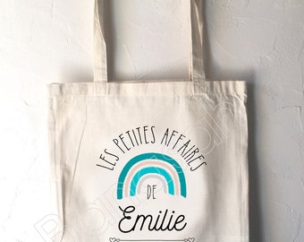 Tote Custom Child Bag " First Name ", unbleached cotton canvas bag, customizable gift, practical, cute, animals, rainbow