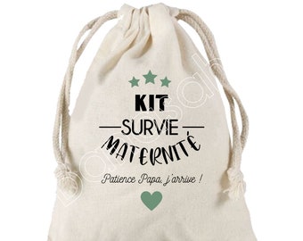 Grande Pochette à liens coulissants "Kit de Survie pour la maternité"  100 % coton ! Futur Papa, Future Maman, Baby Shower, cadeau naissance