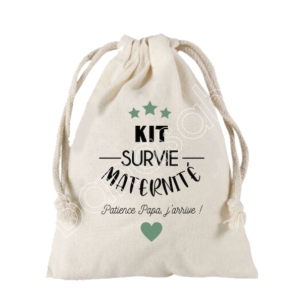 Grande Pochette à liens coulissants "Kit de Survie pour la maternité"  100 % coton ! Futur Papa, Future Maman, Baby Shower, cadeau naissance