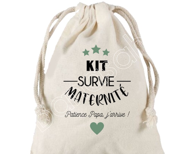 Large pouch with sliding links "Survival Kit for maternity" 100% cotton! Future Dad, Future Mom, Baby Shower, Birth Gift