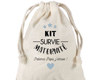 Large Pouch with sliding links "Survival Kit for maternity" 100% cotton! Future Dad, Future Mom, Baby Shower, birth gift