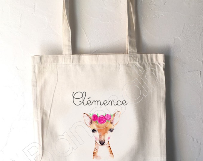 Tote Bag for Children "First Name" to customize, canvas bag in ecru cotton, canvas, customizable gift, practical, cute, animals