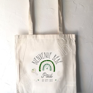 Tote Bag en coton, Cadeau de Naissance, maternité, personnalisé au prénom du bébé et date de naissance. Idéal pour ranger Doudou, etc