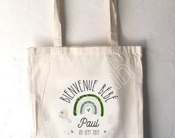 Cotton Tote Bag, Birth Gift, Maternity, personalized to the baby's first name and date of birth. Ideal for storing Doudou, etc.