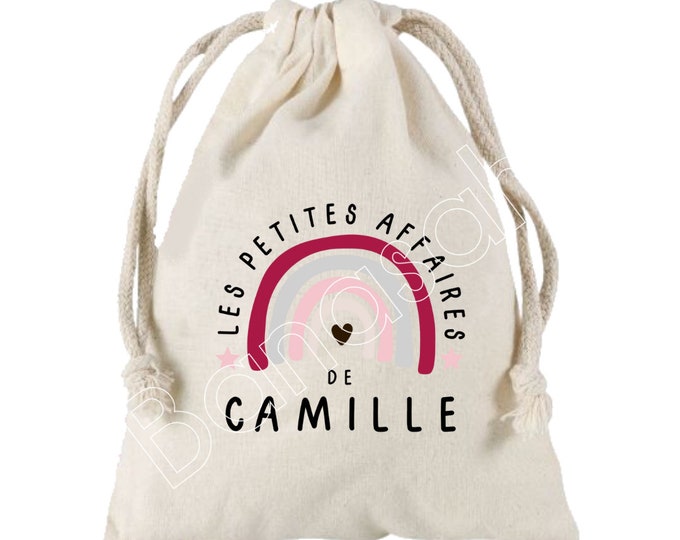 Large "Les petites affaires de" pouch with sliding ties personalized with the first name of your choice 100% cotton 25X30 cm