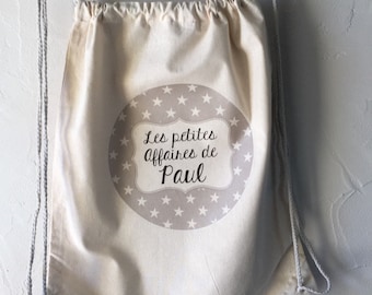 Personalized cotton backpack "Les Petites Affaires de ..." 100% cotton with drawstrings! Fast shipping Children's star