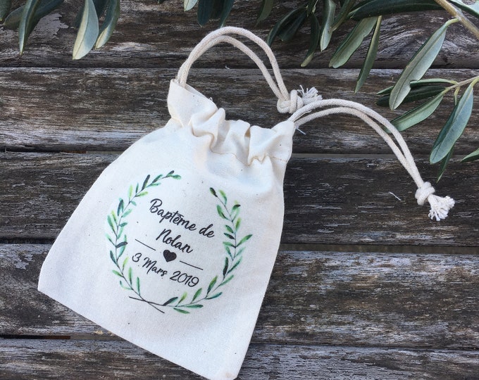 Personalized cotton dragee bags or gifts for Wedding or Baptism with first names, date of your choice! wedding guest gifts