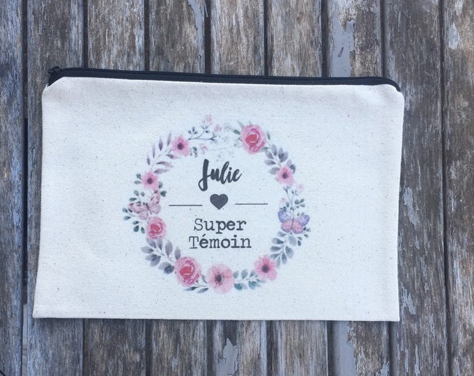 Personalized cotton zipped pouch for witness gift with first name, date of your choice! handmade wedding EVJF wedding witness