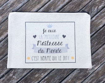 Personalized ecru cotton zipped pouch "I am the best mistress in the world"! Fast shipping, also available for Grandma, Mom