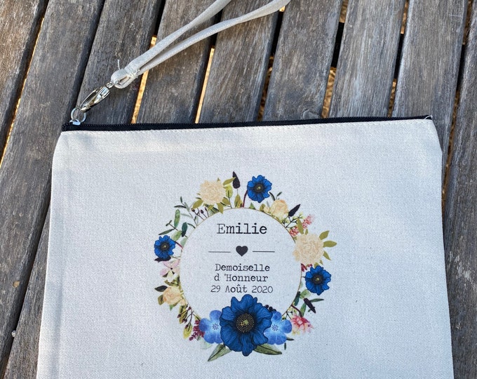 Personalized cotton zipped pouch for Bridesmaid gift, Witness, first name, date of your choice! witness marriage