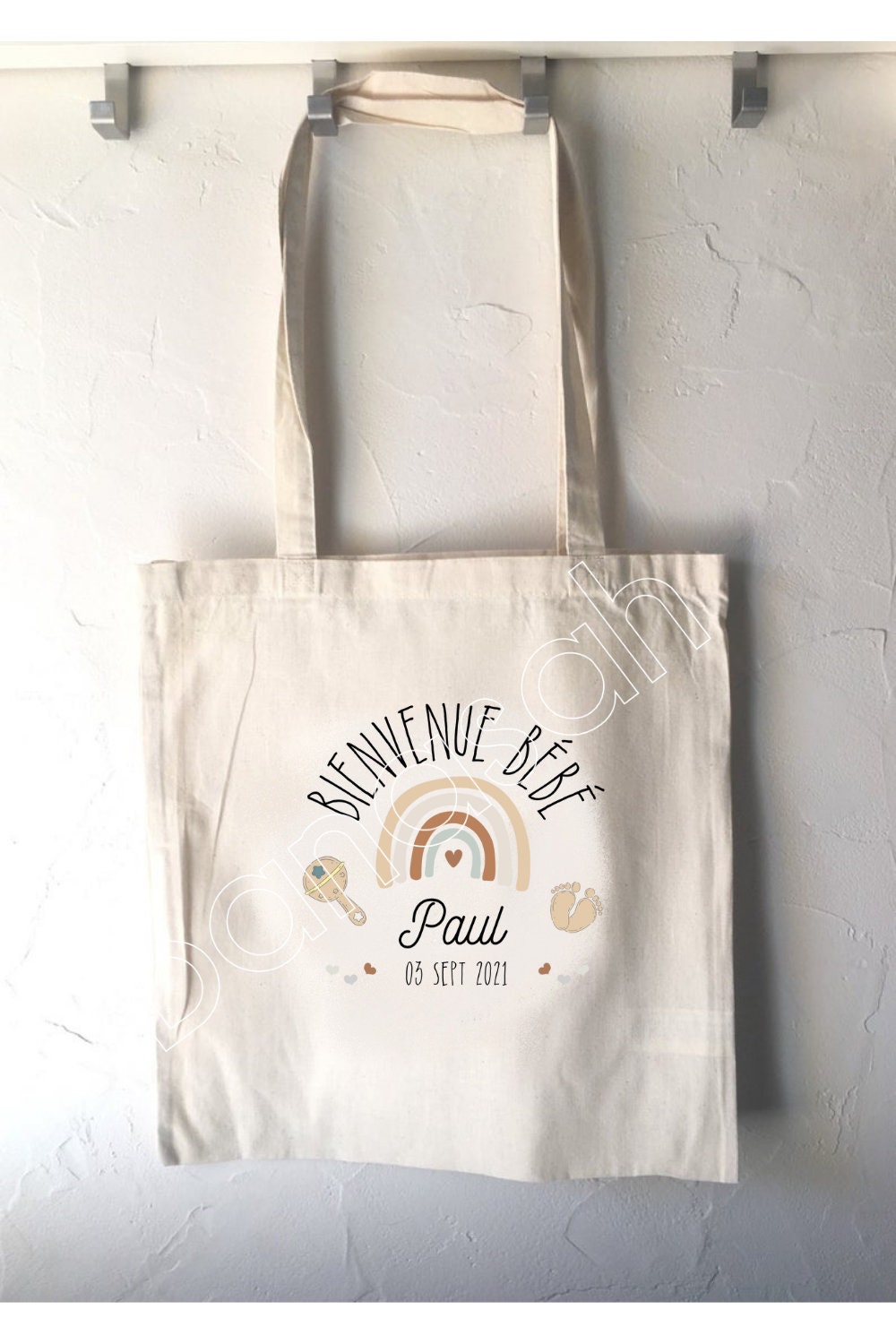 Tote Bag en Coton, Cadeau de Naissance, Maternité, Personnalisé Au Prénom Du Bébé et Date Naissance.