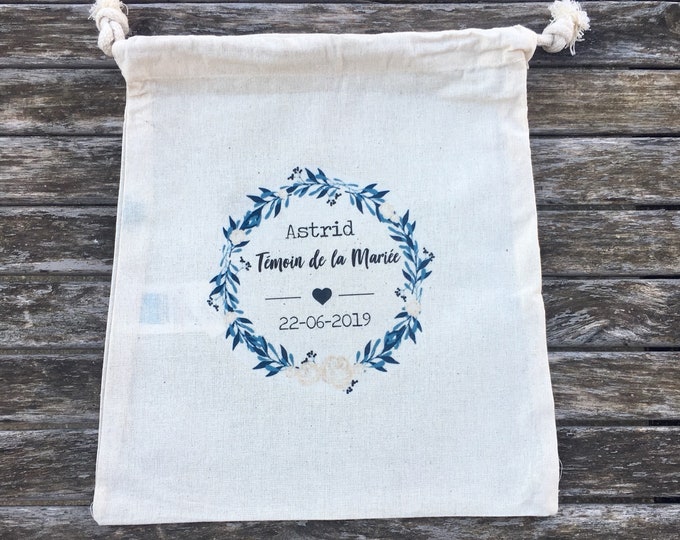 Large Pouch Gift MOH to DrawString cotton personalized name, date of your choice!  wedding witness bachelorette party