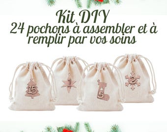 DIY Kit Eternal Advent Calendar 24 cotton & wood bags! Traditional, magical countdown, Christmas, December,