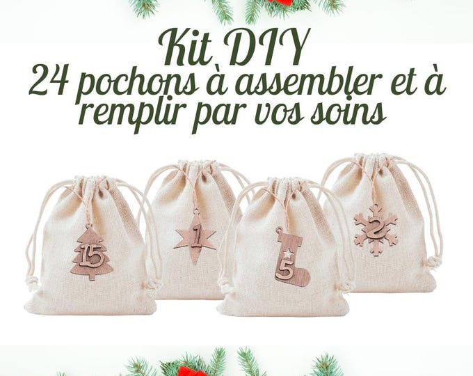 DIY Kit Eternal Advent Calendar 24 cotton & wood bags! Traditional, magical countdown, Christmas, December,