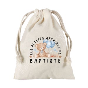 Grande Pochette "Les petites affaires de " à liens coulissants personnalisée au prénom de  votre choix 100 % coton 25X30 cm