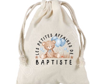 Large "Les petites affaires de" pouch with sliding ties personalized with the first name of your choice 100% cotton 25X30 cm
