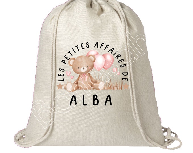 Personalized cotton backpack "Les Petites Affaires de ..." school, canvas bag, bag, blanket bag, children's clothes bag, creche