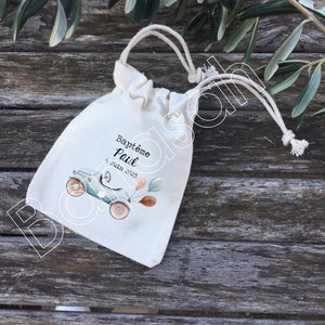 Pochons à dragées ou cadeaux en coton personnalisés pour Baptême, Communion, Anniversaire aux prénoms, date de votre choix ! cadeaux invités
