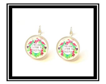 Original "Peace, Love & Mojito" heart earrings, gold, love, quotes, zen