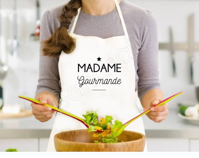 White "Madame Gourmande" kitchen apron, adult size, idea as an original gift for mom, granny, godmother, sister, colleague, etc.