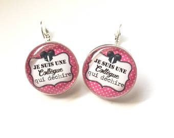 Original & unique earrings "I'm an awesome colleague" Personalized, playful, blue, pink, polka dots, bow, humor