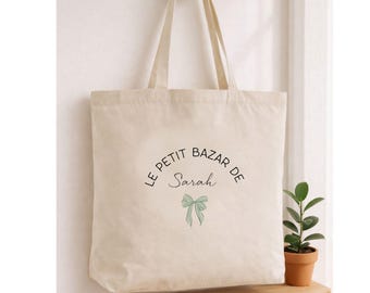 Personalized cotton tote bag – Chic eco-friendly bag – Original gift for women – Tote bag with pink, yellow, green bow and heart design. Available in various sizes.