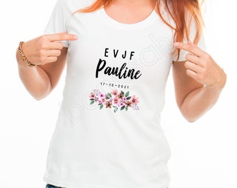 May include: White t-shirt with the text "EVJF Pauline 17-10-2021" and a floral design.