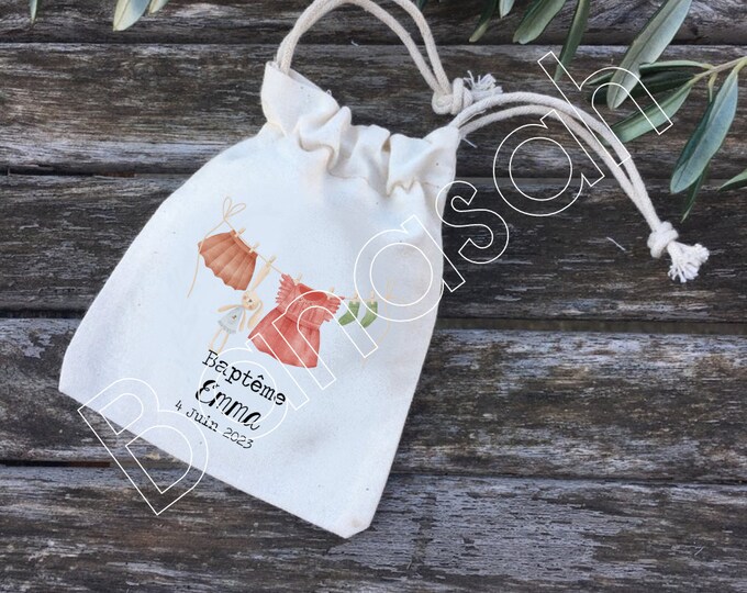 Bags, or personalized cotton gifts for Baptism, Communion, Birthday with first names, date of your choice! Guest gifts