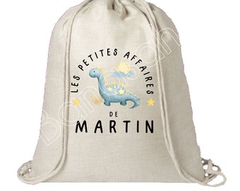 Personalized cotton backpack "Les Petites Affaires de ..." dinosaur pattern school, tote bag, cuddly toy bag, bag for children's clothes, nursery