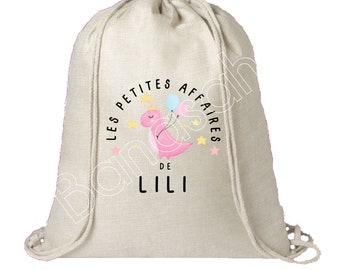 Personalized cotton backpack "The Little Business of..." dinosaur pattern school, tote bag, bag for children's clothes, creche