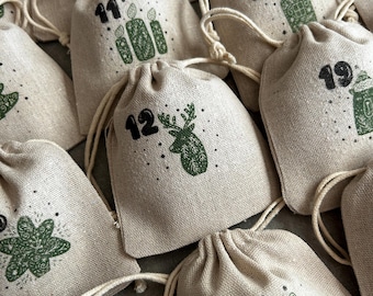Eternal Advent Calendar, 24 bags, in raw cotton fabric! Traditional & magical countdown
