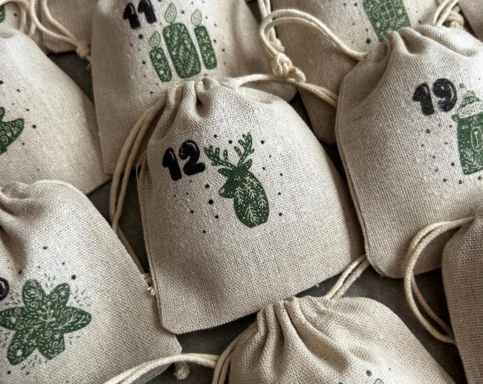 Eternal Advent Calendar, 24 bags, in raw cotton fabric! Traditional & magical countdown