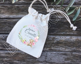 Pochons à dragées ou cadeaux en coton personnalisés pour Baptême, Communion, Anniversaire aux prénoms, date de votre choix ! cadeaux invités