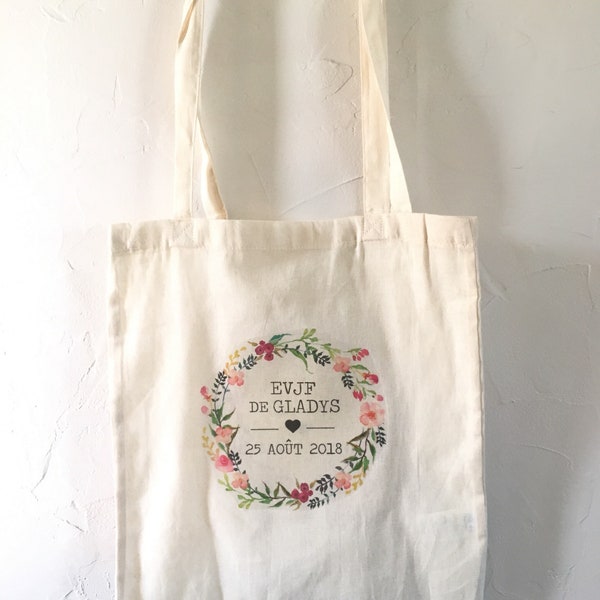 Tote Bag en coton personnalisée pour enterrement de vie de jeune fille au prénom , date de votre choix !   handmade wedding mariage EVJF