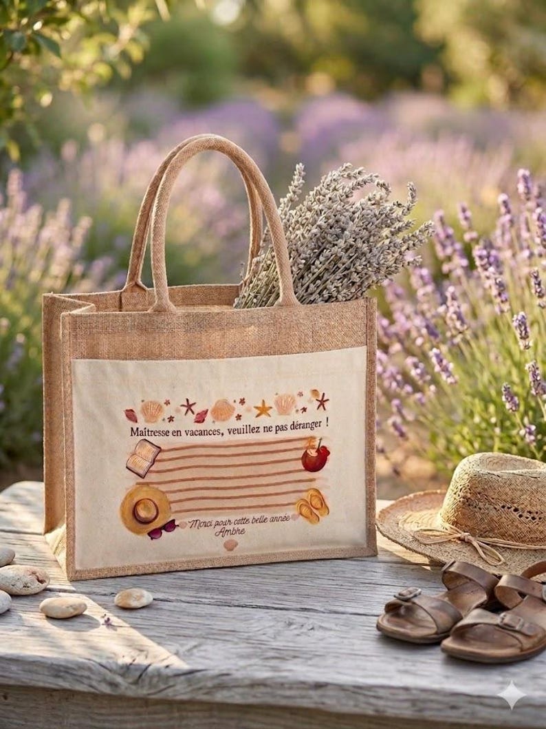 Puede incluir: Un bolso tote beige con un bolsillo delantero de color claro con una ilustraci&oacute;n de tem&aacute;tica playera y texto en franc&eacute;s. La bolsa contiene ramitas de lavanda. Un sombrero de paja y sandalias marrones descansan cerca.