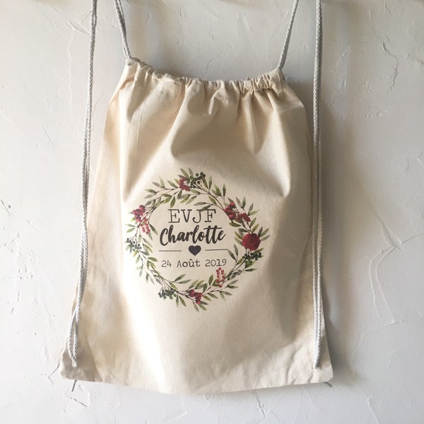 Sac à dos en personnalisé EVJF , Enterrement de vie de jeune fille 100% coton avec liens coulissants ! Envoi rapide mariage témoin bride tea