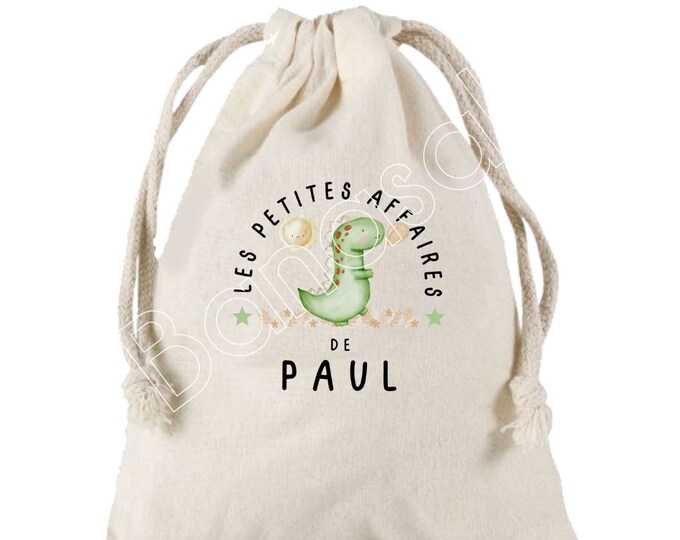 Large drawstring pouch personalized with the first name of your choice, 100% cotton, dinosaur motif