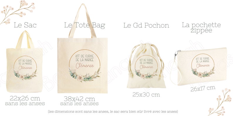 Kit de Survie personnalisé pour la Mariée, Témoin et/ou Demoiselle d'Honneur plusieurs possibilités : Tote, Pochette, grand pochon, Sac image 2