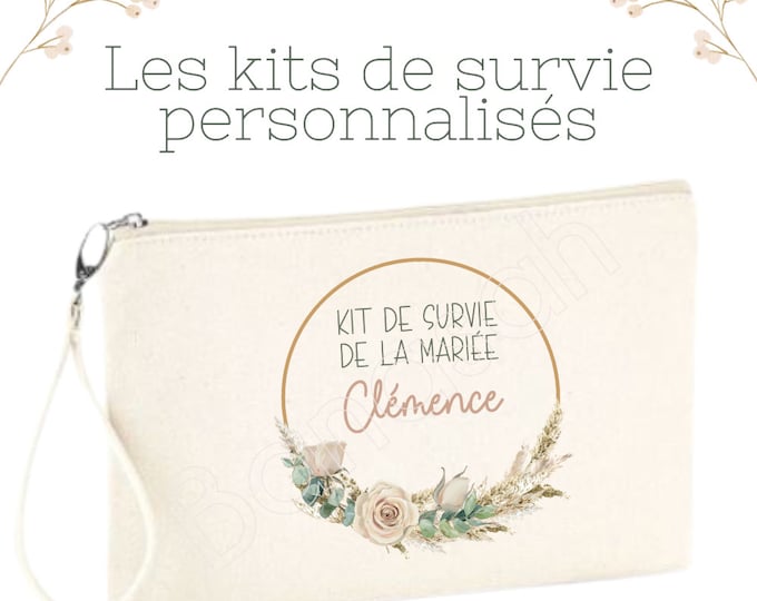 Personalized Survival Kit for the Bride, Witness and/or Bridesmaid! Several possibilities: Tote, Pouch, large pouch, Bag