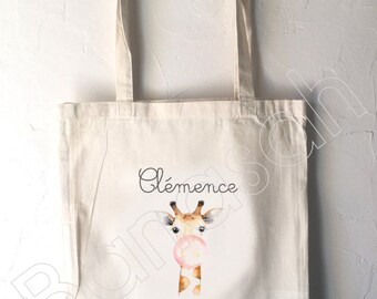 Tote Bag for Children "First Name" to customize, canvas bag in ecru cotton, canvas, customizable gift, practical, cute, animals