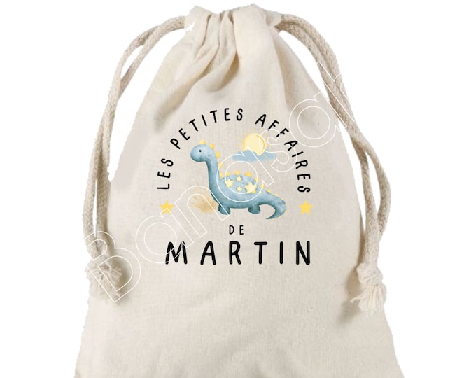 Large drawstring pouch personalized with the first name of your choice, 100% cotton, dinosaur motif