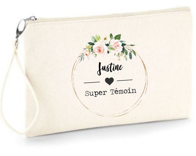 Personalized zipped cotton pouch “Super Témoin” to offer to your witnesses, customizable with the first name of your choice! bachelorette party wedding